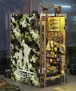 DIY Book Nook Kit 3D Wooden Book Stand Military Base Puzzle DIY Dollhouse Wood Bookends Building Model Puzzle Toy with LED Light for Teens and Adults Building Creative Gifts 2