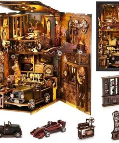 Book Nook Kit, 3D DIY Wooden Puzzle Dollhouse Kit for Adults & Teens, Book Nook Bookshelf Insert Decoration Bookend Miniature Kit with Sensor Light Creative Craft Home Decor, Vintage Car