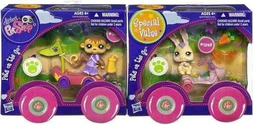 Littlest Pet Shop Pets on the Go Two-Pack ~ #1843 Monkey with Race Car and #1845 Bunny with Scooter