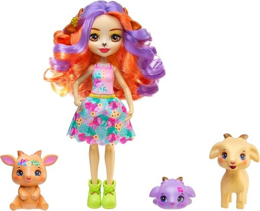 Golita Family Goat Sunshine Beach Doll and 3 Goats Hairdressing Toy with Coloured Dresses, HXC00