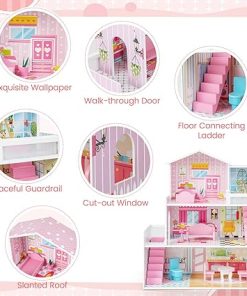 Costzon Wooden Dollhouse for Kids, 3-Story Semi-Open Doll House with 5 Rooms & 10 Pieces Furniture Set, Ladders & Balcony, Preschool DIY Pretend Play Dollhouse Toy, Gift for Girls & Boys Ages 3+ 2