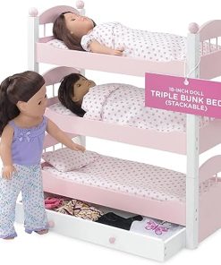 Emily Rose Doll Clothes Triple Bunk Bed, 18 Inch Doll Bedroom Furniture 3 Single Stackable Beds, Wooden Doll Accessories Bunkbed 18-in Doll Bedding, Toy Playsets – Fits 15″ – 19″ Dolls