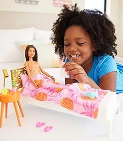 Barbie Doll and Bedroom Playset, Indoor Furniture Playset Doll (11.5-inch Brunette) Wearing Pajamas and Accessories, Gift for 3 to 7 Year Olds 2