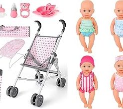 deAO Baby Doll Stroller Crib Bed Nursery Role Play Set Baby Doll with Accessories and Play Mat,Travel Cot,Bouncer,Foldable Stroller and Travel Bag Gifts for Toddlers Girls Boys