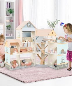 Costzon Wooden Dollhouse for Kids, 3-Story Luxury Doll House with 41 Pieces Furniture Accessories, 8 Rooms, Stairs & Balcony, DIY Pretend Dollhouse Playset, Gift for Girls Toddlers Ages 3+ (Pink)
