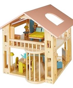 Excellerations Wooden Deluxe Dollhouse – 28 Pieces – Natural