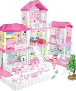 FIXSON Dollhouse Dream House with Furniture Accessories DIY Pretend Play Doll House for Girls,3,4,5,6,7 Year Old (6 Rooms)