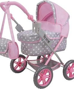 509 Crew: Cotton Candy Pink: Amanda Doll Pram – Pink, Grey, Polka Dot – W/Matching Handbag, Foldable, Removable Bassinet, Kids Pretend Play, Ages 3+