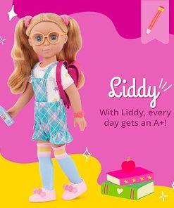 Glitter Girls – 14-Inch Fashion Doll – Green Eyes & Blonde Hair – Backpack, Glasses, & School Accessories – Plaid Overalls & Pink Shoes – 3 Years + – Liddy 2