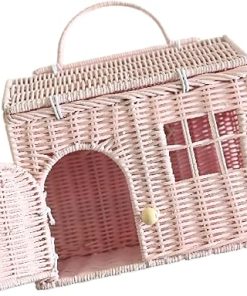 Rool Rattan House Shaped Basket Wicker Small Dollhouse Gift for Girls, Boho Toys, Mouse in a Box House, Little Girl Purse Clutch, Doll Carrier (Pink)