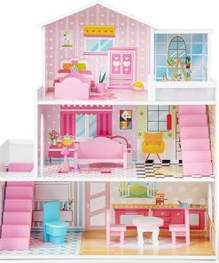 Costzon Wooden Dollhouse for Kids, 3-Story Semi-Open Doll House with 5 Rooms & 10 Pieces Furniture Set, Ladders & Balcony, Preschool DIY Pretend Play Dollhouse Toy, Gift for Girls & Boys Ages 3+