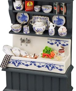 Dollhouse Blue Decorated Kitchen Sink Unit Cabinet Reutter Furniture 1:12