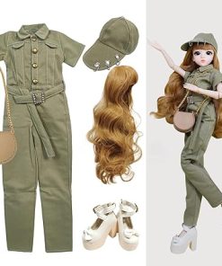 Proudoll 1/3 BJD Doll Clothes Outfit Set – Handcrafted Stylish Army Green Jumpsuit, Cap, Wig, Leather Bag and High Heel, Compatible with 1/3 60cm 24in SD Dolls