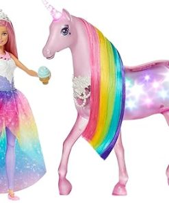 Barbie Dreamtopia Doll & Unicorn Set, Pink-Haired Fashion Doll & Magical Lights Unicorn Toy with Rainbow Mane, Lights & Sounds