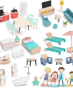 Wooden Dollhouse Furniture Set, 43 Doll House Furniture and Accessories sete with 5 Family Dolls, Miniature Doll House Furniture Toys Pretend Play Gift for Girls Boys