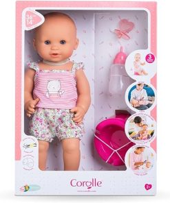 Corolle Drink and Wet Bath Baby Emma – 14” Girl Baby Doll with 3 Accessories – Bottle, Potty, and Pacifier – Really Drinks and Goes Potty, for Kids Ages 2 Years and up