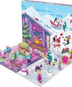 Polly Pocket Advent Calendar with Winter Family Fun Theme & 25 Days of Surprises (34 Total Play Pieces) to Discover: Pocket Family Dolls, Snow Play Vehicles, Toy Treats, Wearable Jewelry & More