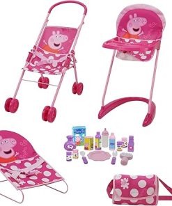 Peppa Pig: 19 Piece Doll Sleep N’ Play Set – Pink & White Dots Travel, Feed, Includes Half Folding Stroller, Bouncer, Highchair, Matching Diaper/Handbag, for Kids Ages 3+
