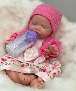 Drink and Pee Full Silicone Baby Doll Girl – 13 Inch Closed Eyes Realistic Silicone Reborn Baby Dolls, Christmas&Birthday Presents, Pink Dress Set Suitable for 3+ 2