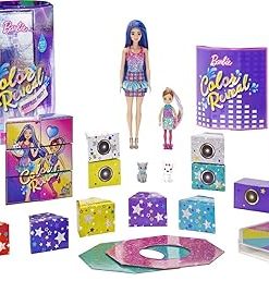 Barbie Color Reveal Surprise Party! Set with 50+ Surprises: 1 Doll, 1 Chelsea Doll, 2 Pets, 6 Color-Change Activations, Accessories & More, Dance Party-Themed Set, Gift for Kids 3 Years Old +