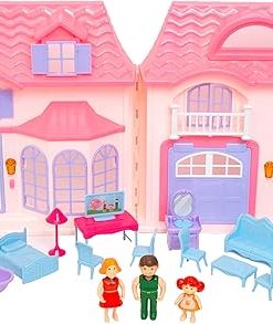 R & S LIMITED Boley: Doll House – Pink & Purple – 16pc Playset – 3 Family Dolls & 12 Furniture Accessories, Foldable & Portable Design, Durable Plastic, Kids 3+