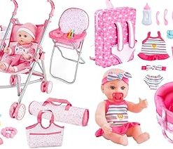 deAO Baby Doll Stroller Crib Bed Nursery Role Play Set Baby Doll Accessories and Play Mat,Travel Cot,Bouncer,Foldable Stroller and Travel Bag Birthday for Girls Boys Kids