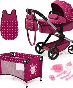 Bayer Design Dolls: Xeo Mega 10pc Set – Hot Pink, Dots, Fairy – Pram, Bed, Handbag, Feeding & Care Accessories for Dolls Up to 18″, Kids Toy, Ages 3+