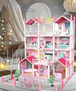 Doll House, Dream Doll House for Girls, 4 Story 11 Rooms Dollhouse with 4 Dolls, Dollhouse Furniture Accessories with Light, Toddler Playhouse Gift for 3 4 5 6 7 8 9 10 Year Old Girls Toys, Pink 2