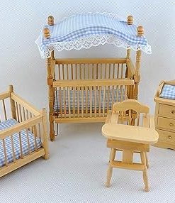 Melody Jane Dollhouse Light Oak Blue Gingham Nursery Furniture Miniature Baby Boy Room Set 2
