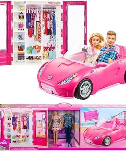 Barbie and Ken Doll with her Wardrobe and Pink Two-Seater Convertible car. Includes Accessories.