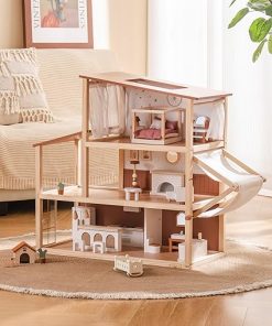 ROBUD Doll House – Wooden Bohemian Dollhouse with Realistic Design, Includes 37 Pieces of Furniture & Accessories for Kids Ages 3+