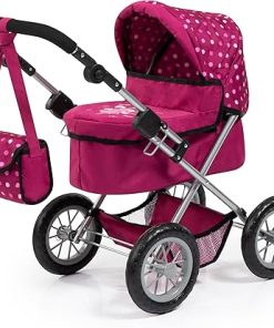 Bayer Design 13067AA Dolls Pram Trendy with Shoulder Bag and Underneath Shopping Basket, Bordeaux, Red with Pattern