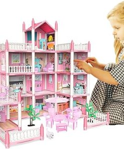 Dream Doll House, Doll House for Girls, 4 Story 11 Rooms Dollhouse with 4 Dolls, Dollhouse Furniture Accessories with Light, Toddler Playhouse Gift for 3 4 5 6 7 8 9 10 Year Old Girls Toys, Pink