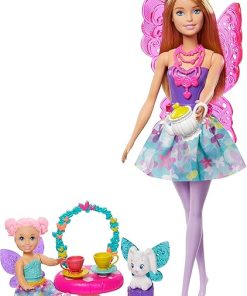 Barbie Dreamtopia Tea Party Playset Fairy Doll, Toddler Doll, Tea Set, Pet and Accessories, Multi