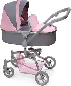 Badger Basket Foldable Doll Stroller & Pram for Dolls – Convertible Toy with Canopy, Basket & Soft Handle – Lightweight, Easy to Use for Girls Ages 3+- Gray/Pink