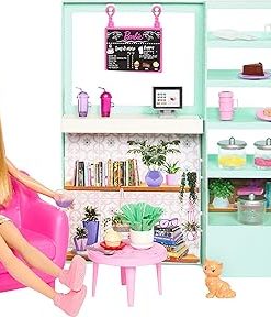 Barbie HKT94 Pretty Cozy Coffee Set with Doll Model, Furniture, Cat Figurine and 21 Accessories Including Colour Changing Teapot, Children’s Toy, from 3 Years Old,