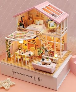 Mini House Building Kit for Adults, DIY Miniature Dollhouse Kit with LED Light, Hobby Craft Christmas Decorations Birthday Gifts for Kids & Adults, Pink House
