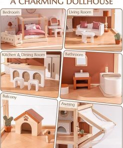ROBUD Doll House – Wooden Bohemian Dollhouse with Realistic Design, Includes 37 Pieces of Furniture & Accessories for Kids Ages 3+ 2