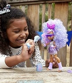 Cave Club Bashley Dino Rockin’ Party Doll (~8 -inch) Posable Fashion Doll with Purple Hair, 10 Accessories Including Wearable Scrunchie, 4 Year Olds & Up 2