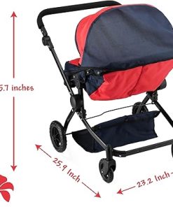 Double Doll Stroller for Twin Baby Dolls – Convertible Seat Toy Stroller for Toddlers 3 Years and up, Adjustable Handle with Storage Basket, Red Design for Kids 2