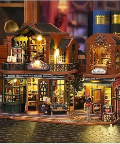 DIY Miniature House Kit, Mini Dollhouse Bookshelf Library Building Kit with Dust Cover and Music, Miniature Dollhouse Wooden Crafts for Adults Twilight Bookstore House Model Rnaments Gifts