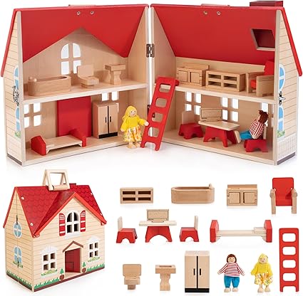 Foldable Wooden Doll House with 13pcs Furniture, 4 Rooms and 2 Flexible Dolls, Pretend Play House Set with Portable Handle, Christmas Birthday Gift for Boys Girls Kids Age 3+ Foldable Wooden Doll House with 13pcs Furniture, 4 Rooms and 2 Flexible Dolls, Pretend Play House Set with Portable Handle, Christmas Birthday Gift for Boys Girls Kids Age 3+