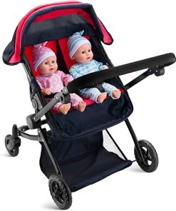 Double Doll Stroller for Twin Baby Dolls – Convertible Seat Toy Stroller for Toddlers 3 Years and up, Adjustable Handle with Storage Basket, Red Design for Kids