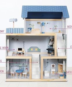 Lil’ Jumbl Kids Wooden Dollhouse, 17-Piece Accessories & Furniture are Included, with Balcony & Stairs, 3 Story Easy to Assemble Doll House Toy – Blue 2