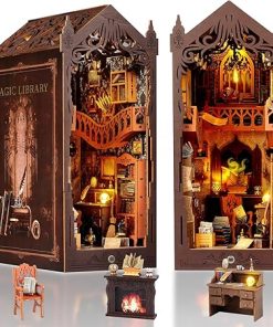 FASTSPOK DIY Book Nook Kit: 3D Wooden Puzzle Shelf Insert with LED Light – Miniature Dollhouse Bookend Decor for Adults and Teens – Creative Gift