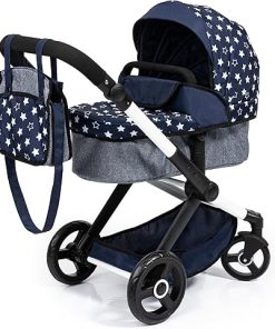 Bayer Design Dolls: Pram Xeo – Blue & White Stars – Dolls Up to 18″, Shoulder Bag, Convertible to Pushchair, Adjustable Handle, Foldable, Kids Ages 3+