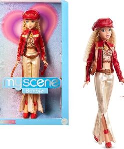 Barbie Signature My Scene Doll & Accessories, in Y2K-Inspired Outfit with Pleather Jacket, Flare Pants, Saddle Bag & Display Stand