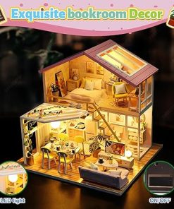 Mini House Building Kit for Adults, DIY Miniature Dollhouse Kit with LED Light, Hobby Craft Christmas Decorations Birthday Gifts for Kids & Adults, Pink House 2
