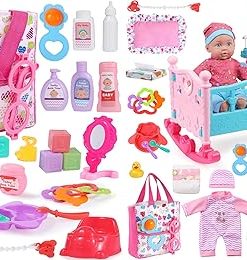 23 Pack Baby Doll Accessories Set +12″ Doll Toys with Crib Bed