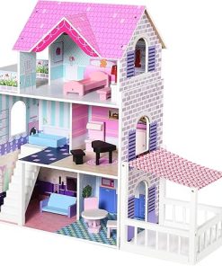 Qaba Kids Wooden Dollhouse Playset 3-Story Dream House Villa Kit with Sun Room, Balcony and 13 Accessories for Ages 3+